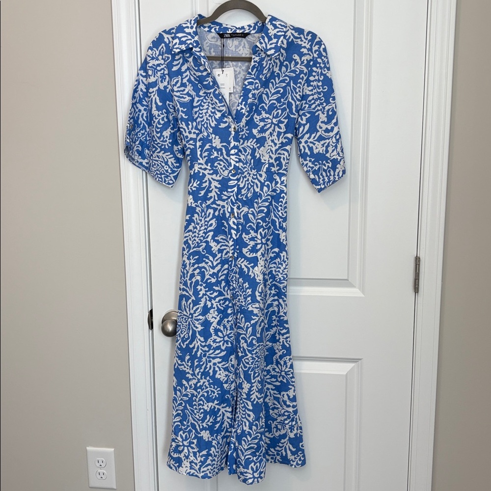 Zara Blue and White Floral Midi Dress - Picture 4 of 10